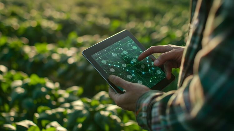 This image showcases a farmer using a tablet with a blockchain interface to track crop growth and supply chain data, embodying modern, high-tech, and sustainable agricultural practices. This digital